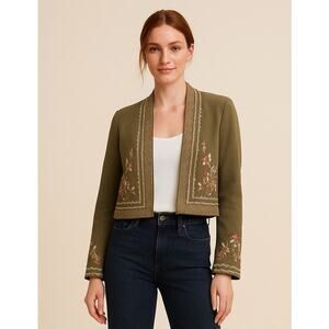 BCBGMAXAZRIA Green Embroidered Cropped Jacket Size XS, Cottage Boho